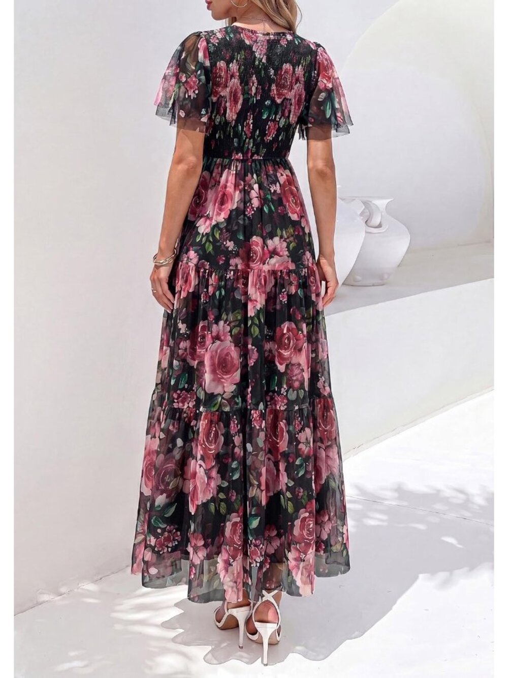 〽️Black Boho Floral Maxi Dress Women’s Flutter Sleeve Smocked Tiered A Line - Picture 4 of 6